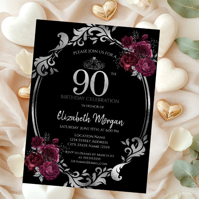 Convite Silver Frame Burgundy Rosa 90 Negro Aniversário (Criador carregado)