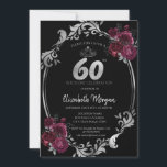 Convite Silver Frame Burgundy Rosas Black 60th Birthday<br><div class="desc">Tara prateada,  rosas burguentos e armação floral prateada sobre fundo preto. Um convite bonito que pode ser personalizado com seu nome. Selecione o botão "personalizar" para alterar o estilo,  a cor e o tamanho da fonte.</div>