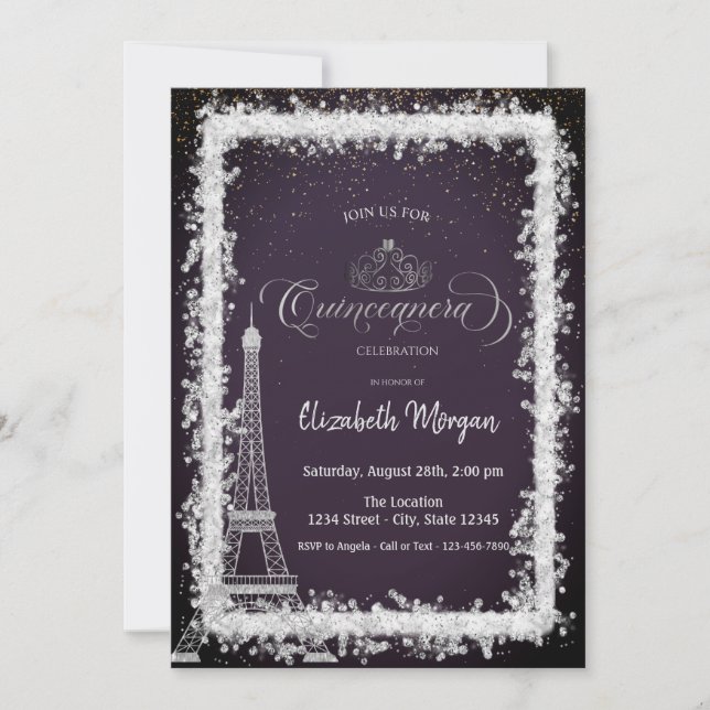 Convite Silver Frame Eiffel Tower Dark Purple Quinceanera (Frente)