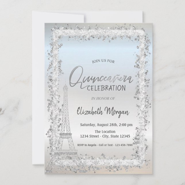 Convite Silver Frame Eiffel Tower Silver Quinceanera (Frente)
