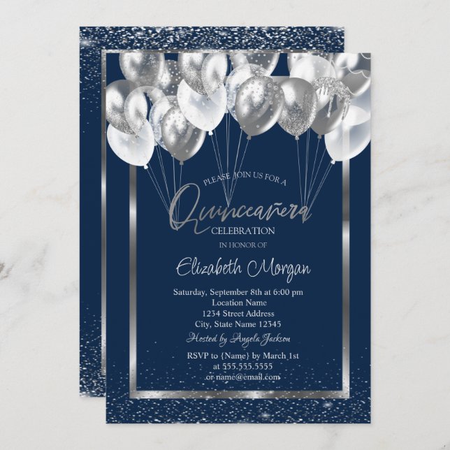 Convite Silver Frame Marinho Confetti Balloons Quinceañera (Frente/Verso)