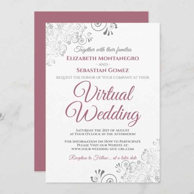 Convite Silver Frills Dusty Rosa e Casamento Virtual Branc (Frente/Verso)