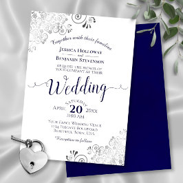 Convite Silver Frills Elegant Navy Blue & White Wedding