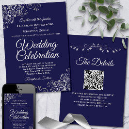 Convite Silver Frills no Casamento de Código QR Azul Elega