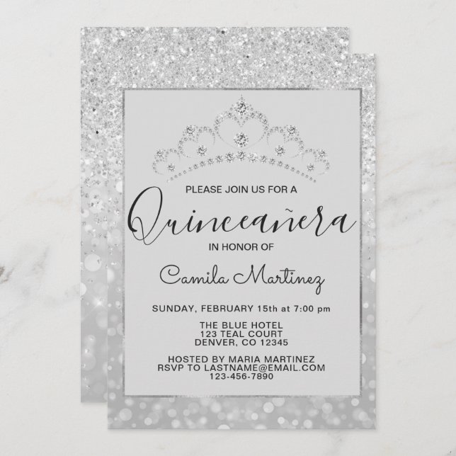 Convite Silver Girly Glitter Sparkle Quinceanera (Frente/Verso)