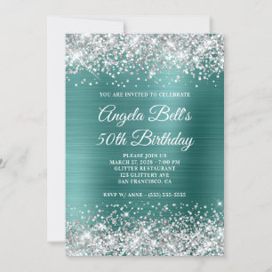 Convite Silver Glitter Aqua Teal Foil 50º Aniversário