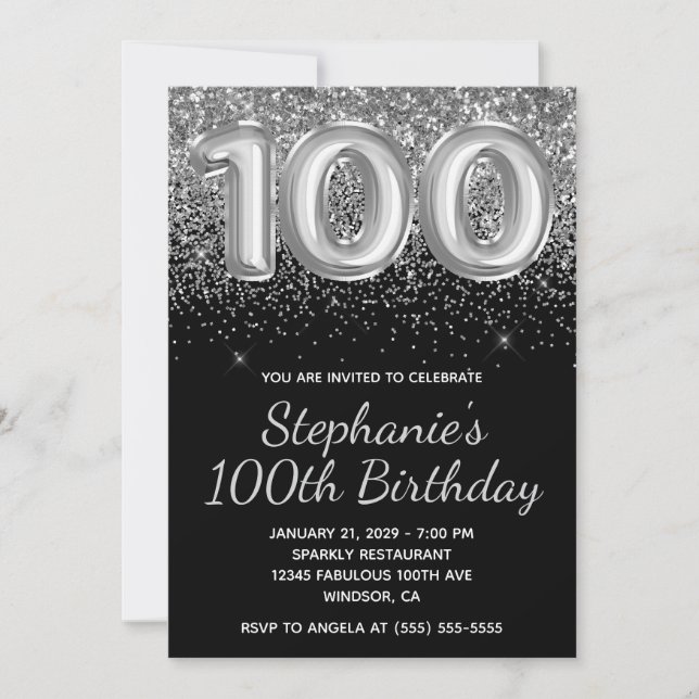 Convite Silver Glitter Black 100th Birthday (Frente)