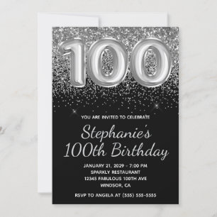 Convite Silver Glitter Black 100th Birthday