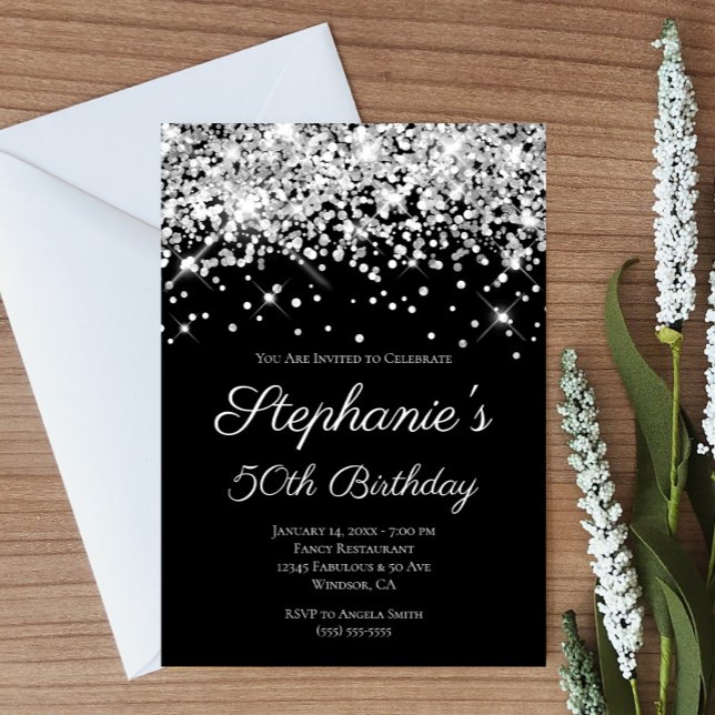 Convite Silver Glitter Black Elegant 50º aniversário (Create your own silvery faux glitter and black birthday invitatoin.)