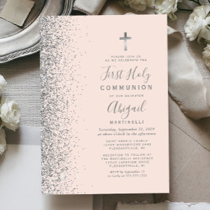 Convite Silver Glitter Blush Rosa Primeira Comunhão Sagrad