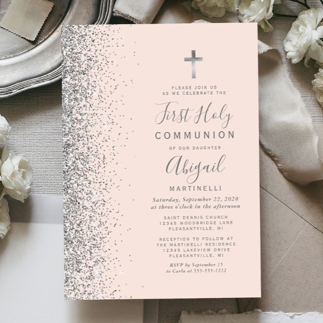 Convite Silver Glitter Blush Rosa Primeira Comunhão Sagrad (Criador carregado)