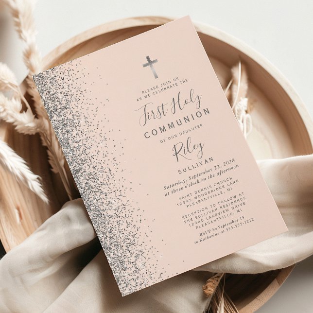 Convite Silver Glitter Blush Rosa Primeira Comunhão Sagrad (Criador carregado)