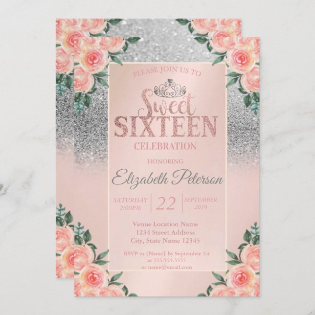 Convite Silver Glitter Bokeh, Tiara Floral Sweet 16 Partid (Frente/Verso)
