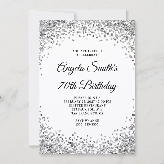 Convite Silver Glitter Border White 70th Birthday (Frente)