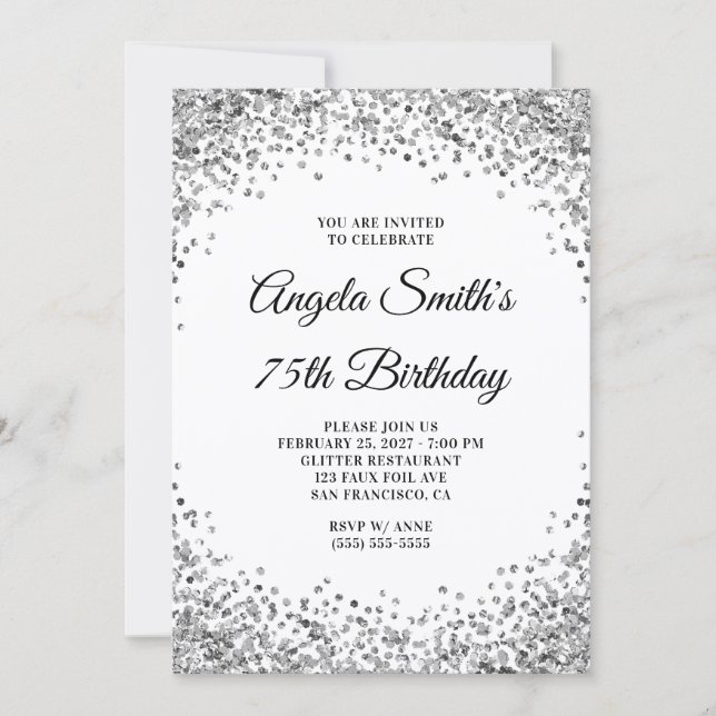 Convite Silver Glitter Border White 75th Birthday (Frente)