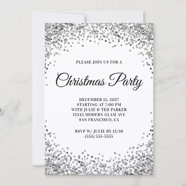 Convite Silver Glitter Border White Christmas Party (Frente)