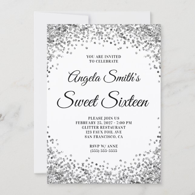 Convite Silver Glitter Border White Sweet Sixteen (Frente)
