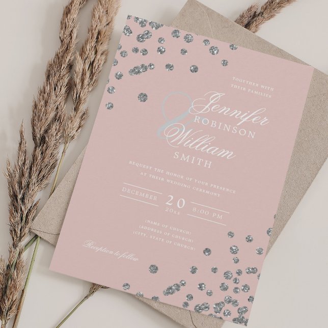 Convite Silver Glitter Confetti Blush De Casamento Elegant (Elegant Wedding Silver Glitter Confetti Blush Invitation)