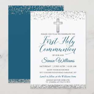 Convite Silver Glitter Cross Script First Holy Communes