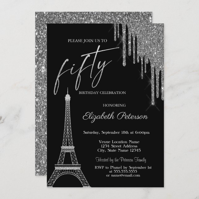 Convite Silver Glitter Drips, Eiffel Tower 50t Birthday  (Frente/Verso)