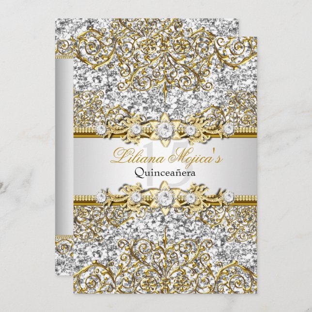 Convite Silver Glitter e Damask Dourado Quinceanera Convid (Frente/Verso)