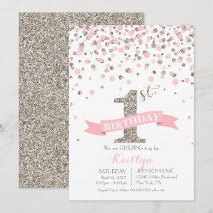 Convite Silver Glitter e Pink Sprinkles Modernos Aniversár