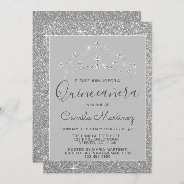 Convite Silver Glitter e Sparkle Quinceanera (Frente/Verso)