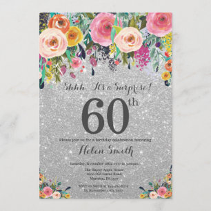 Convite Silver Glitter Floral Surpresa 60º Aniversário