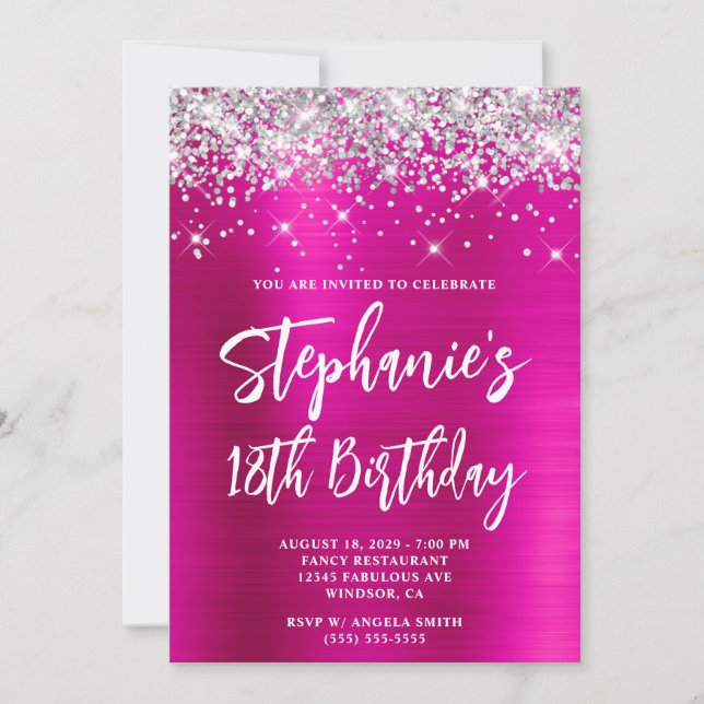 Convite Silver Glitter Hot Pink Foil Bold 18th Birthday (Frente)