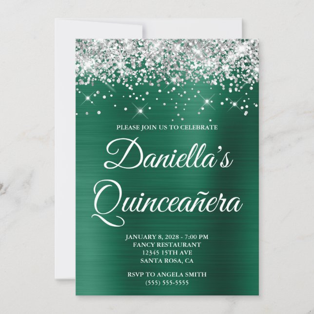 Convite Silver Glitter Hunter Green Foil Quinceañera (Frente)