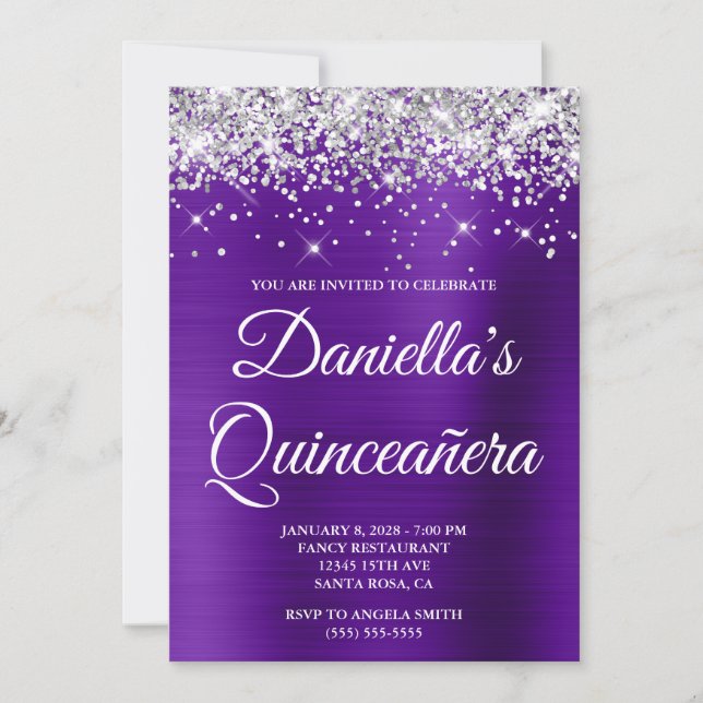 Convite Silver Glitter Indigo Roxo Foil Quinceañera (Frente)
