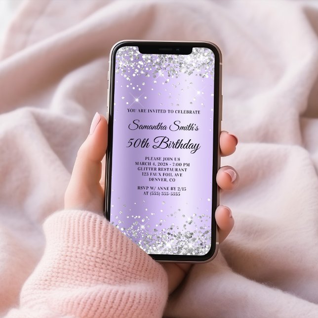 Convite Silver Glitter Lavanda Satin 50º Aniversário (Silver Glitter Lavender Satin 50th Birthday Invitation)