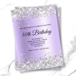 Convite Silver Glitter Lavanda Satin Foil 50º Aniversário