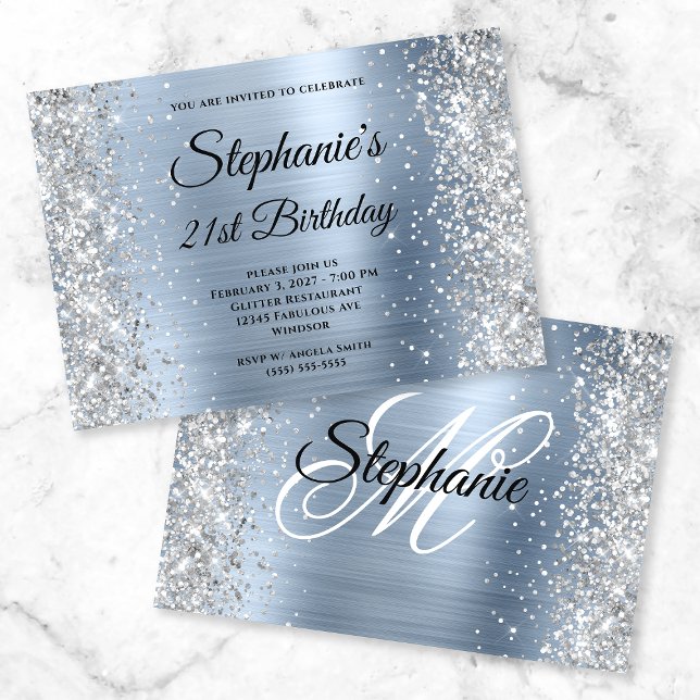 Convite Silver Glitter Light Blue Monogram 21st Birthday (Criador carregado)