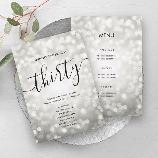 Convite Silver Glitter Lights 30 Birthday Menu Program (Silver Glitter Lights 30 Birthday Menu Program)