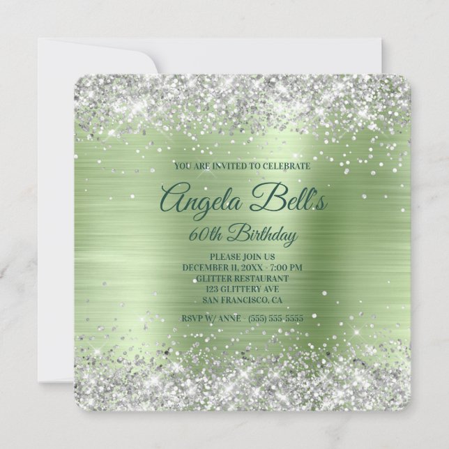 Convite Silver Glitter Mint Brushing Foil 60º Aniversário (Frente)