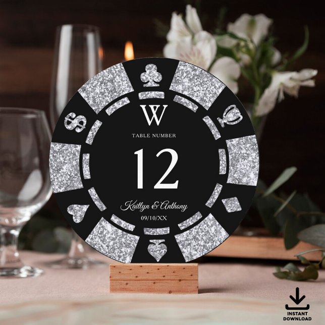 Convite Silver Glitter Monogram Poker Chip Casino Wedding (Criador carregado)