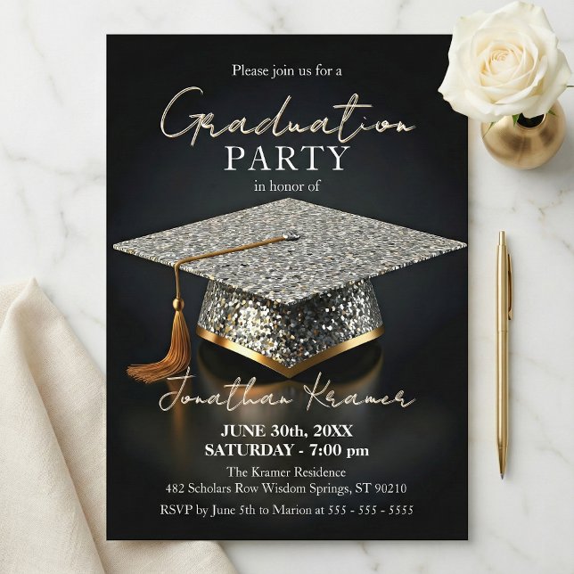 Convite Silver Glitter Mosaic Black Gold Graduation Party (Criador carregado)