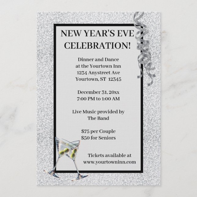 Convite Silver Glitter New Year's Eve Party (Frente)