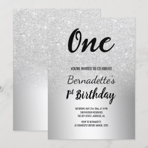 Convite Silver glitter ombre metálico primeiro Aniversário