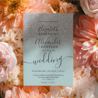 Convite Silver glitter ombre sage green script wedding