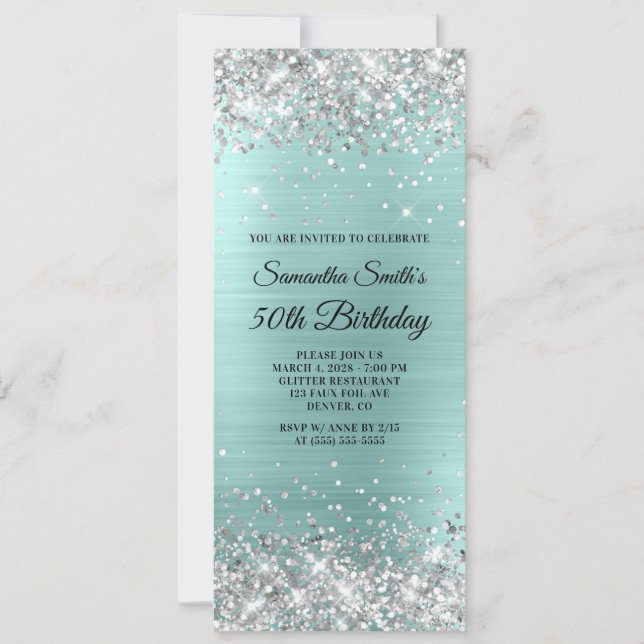 Convite Silver Glitter Pale Turquoise Foil 50º Aniversário (Frente)