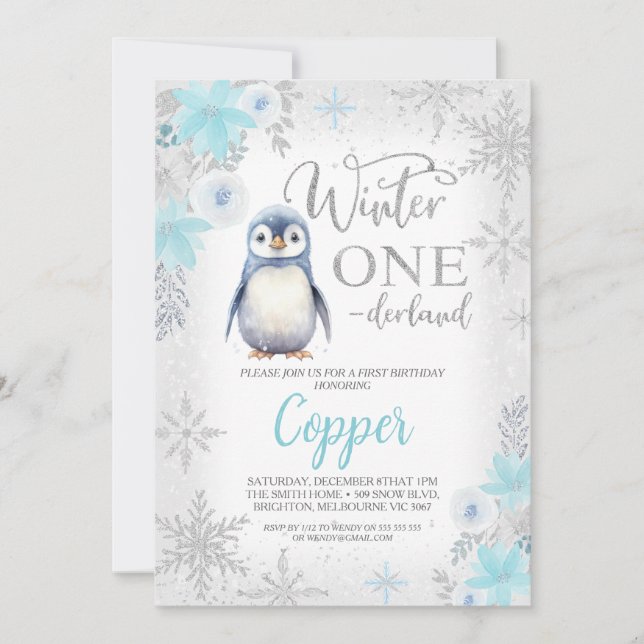 Convite Silver Glitter Penguin Winter Onederland Birthday (Frente)