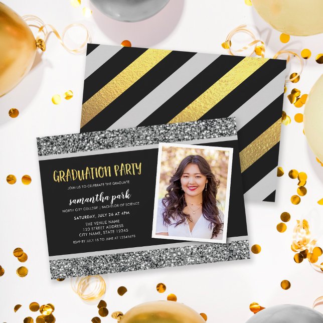 Convite Silver Glitter Photo Graduation Party Invitation (Criador carregado)