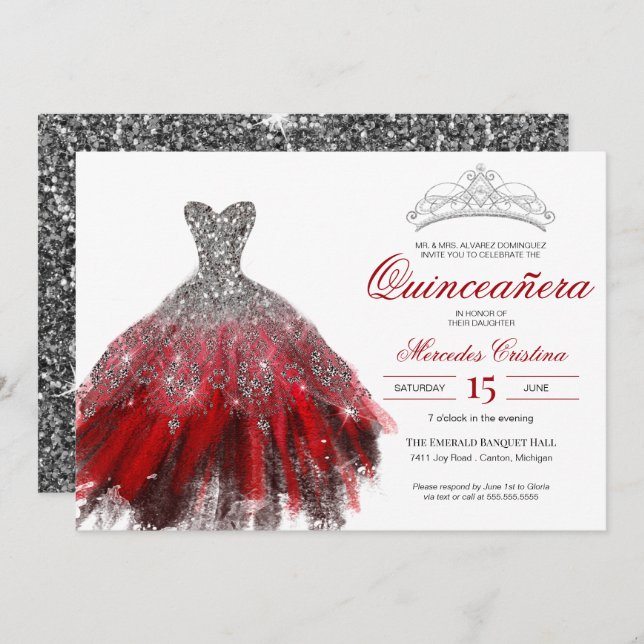Convite Silver Glitter Red Gown Elegante Quinceañera (Frente/Verso)