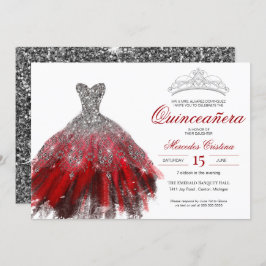 Convite Silver Glitter Red Gown Elegante Quinceañera