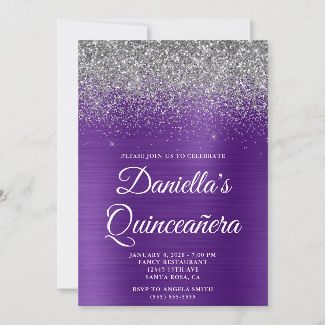 Convite Silver Glitter Roxo Real Quinceañera (Frente)