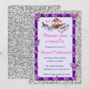 Convite Silver Glitter Royal Princess Birthday