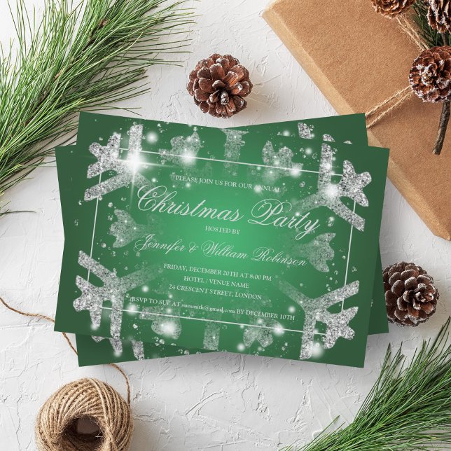 Convite Silver Glitter Snowflake Xmas Holiday Party Green (Silver Glitter Snowflake Xmas Holiday Party Green Invitation)