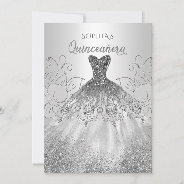 Convite Silver Glitter Sparkle Dress Quinceañera Quince (Frente)